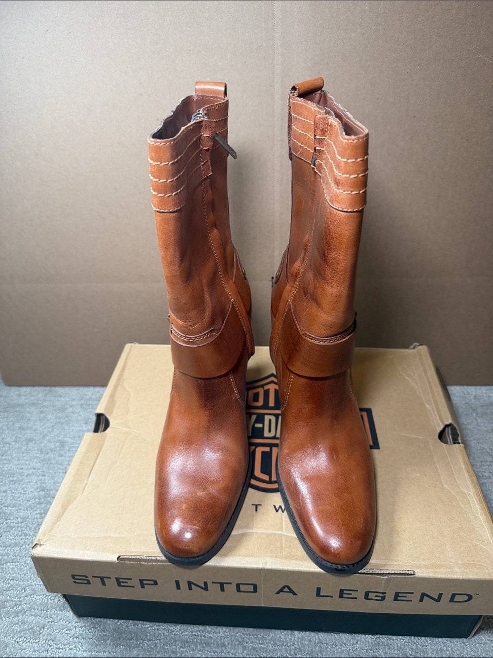 Harley-Davidson Brown Leather Mid-Calf Heeled Boots with Harness Accent - Picture 6 of 10